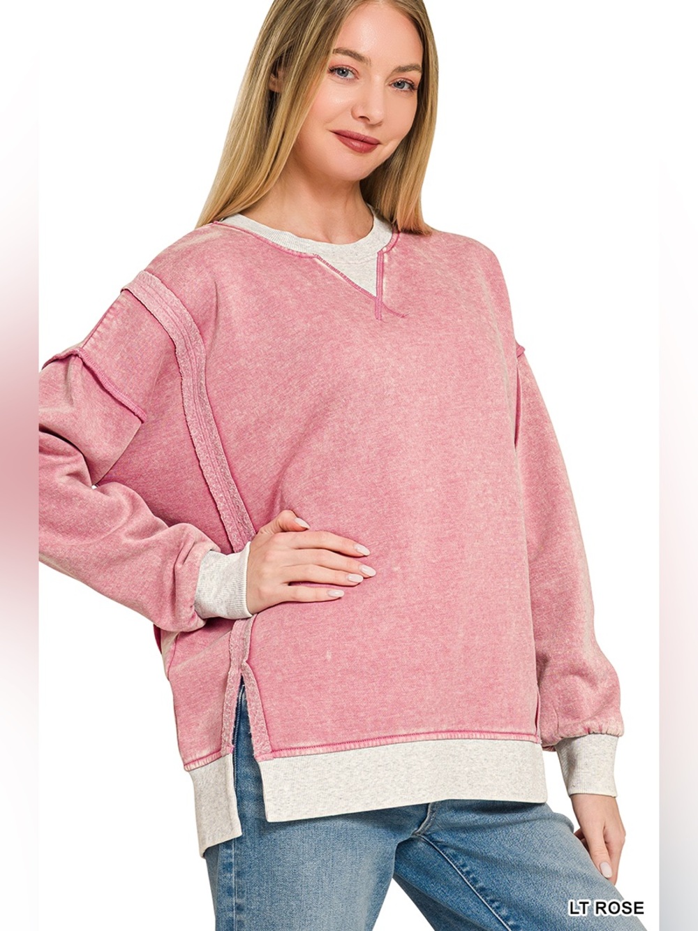 Zenana FLEECE ACID WASHED CONTRAST TRIM PULLOVER - Picture 2 of 2
